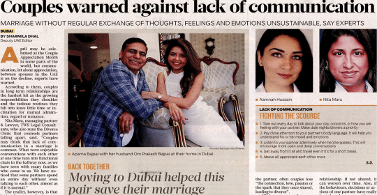 Couples Not Communicating Enough, Warn Experts – Dubai Psychologist, Aamnah Hussain, feat. in Gulf News